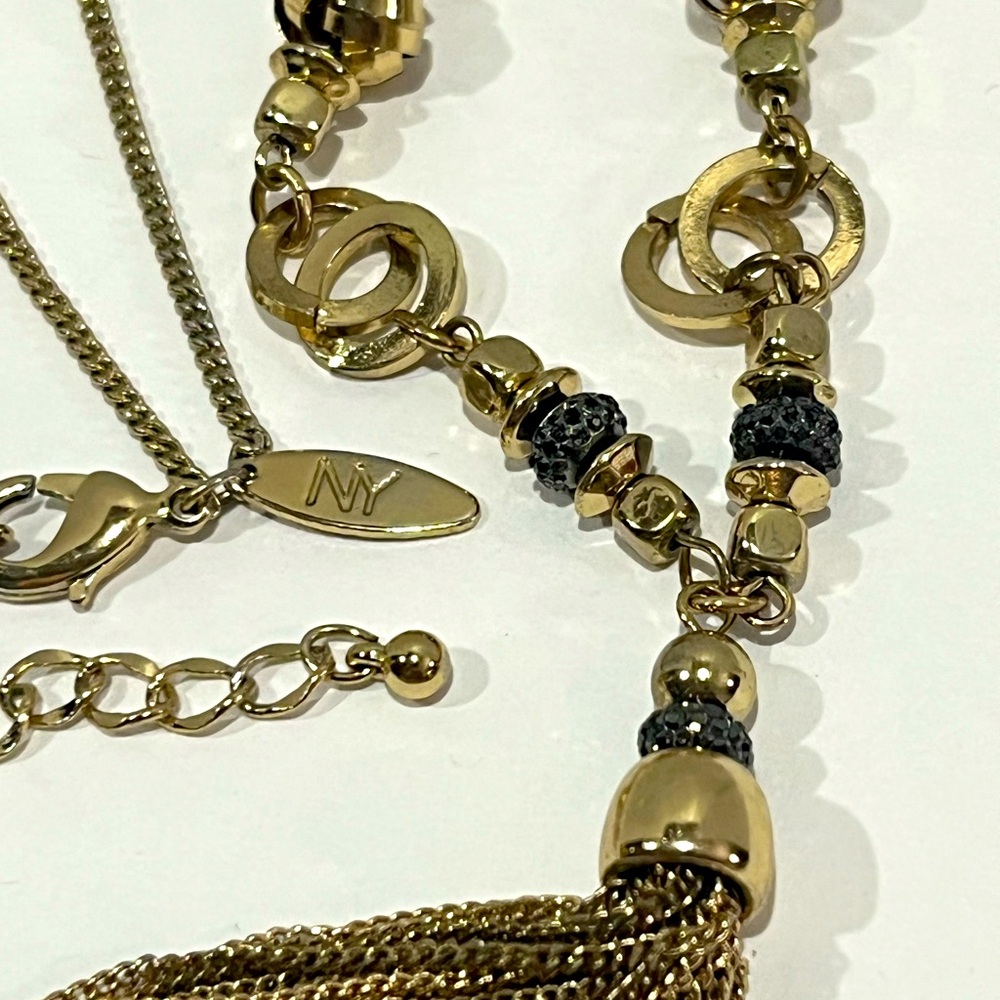 NY 1920's Style  42" Gold Tone w/ Black Rhinestones & Tassle Necklace